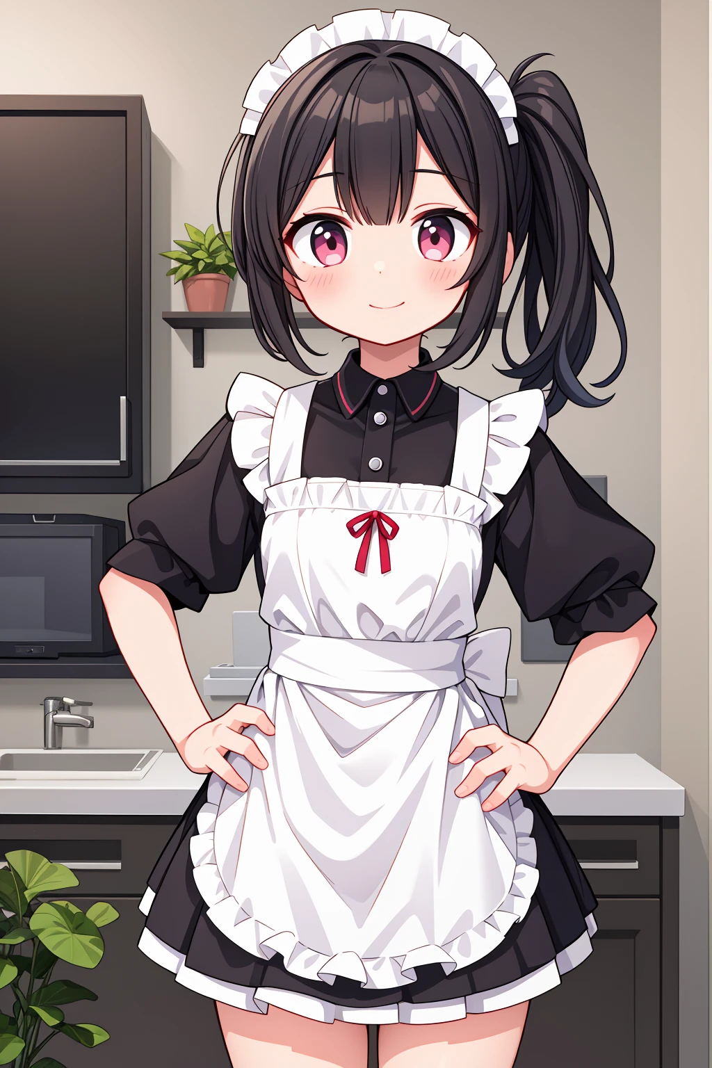 (Highest image quality), (highest quality), (masterpiece), (dynamic lighting), (photo realism), an anime girl with short black hair and a one side ponytail hairstyle, wearing a maid uniform with an apron, pink eyes, very small bust, and a little curve. She is standing in a kitchen background, smiling and winking, with hands on her hips. The viewer's perspective is from below, capturing her detailed face and very blushing expression. Include detailed and anatomically correct hands and fingers, with a focus on ensuring a highly detailed and accurate overall appearance.