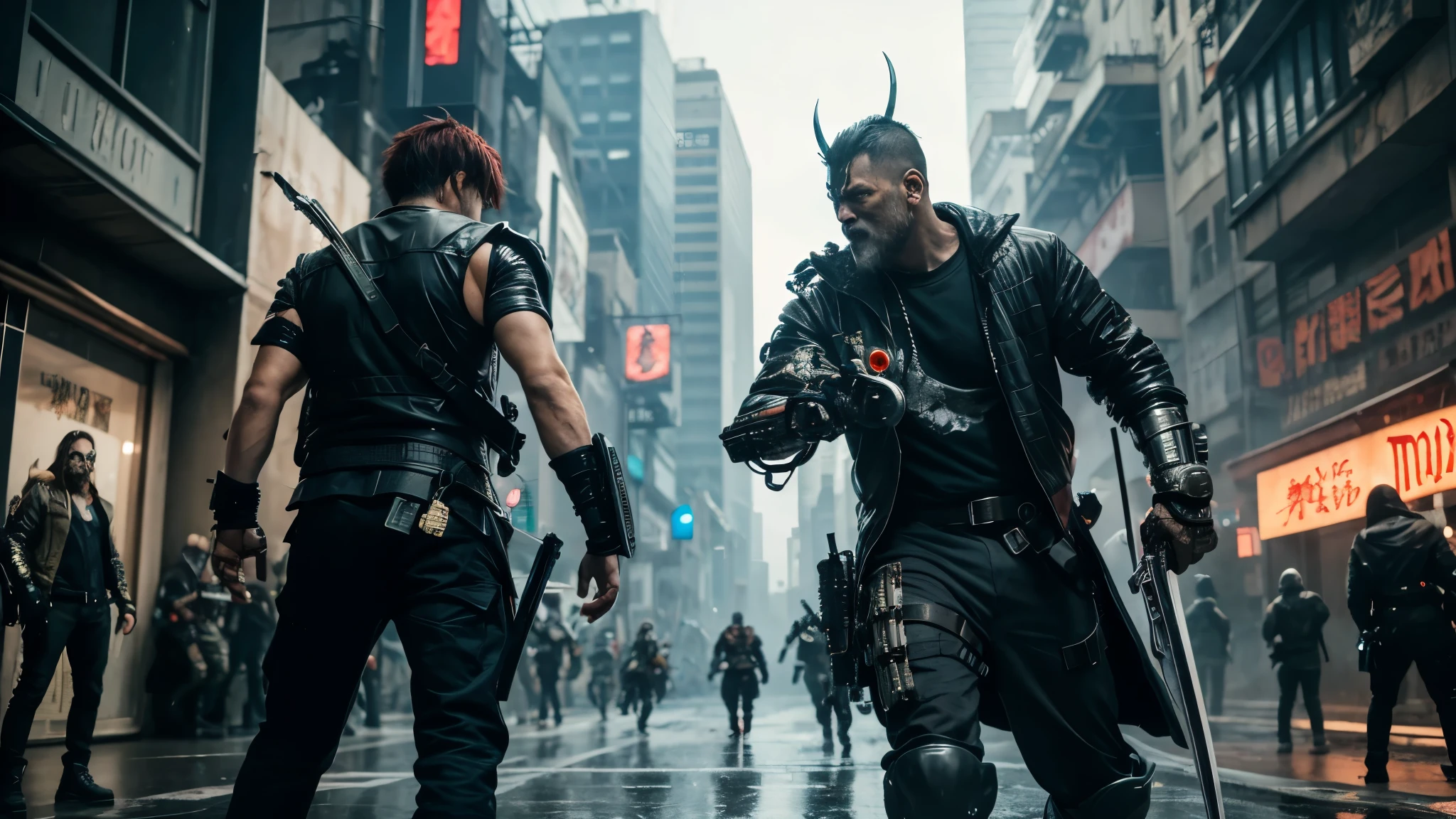 [Ultra-realistic][Cyberpunk] Ultra-realistic quality comparable to live-action footage. Various monsters, characters, and cyborgs are engaged in fierce battles using all kinds of weapons, including guns and swords.