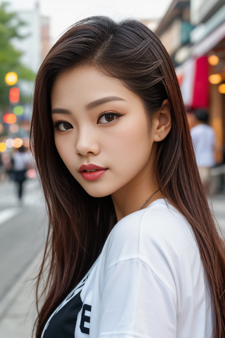 ((best quality)), ((masterpiece)), (detailed) Create an image of a young, curvy Korean woman inspired by Sava Schultz. She has an oval face with smooth, clear skin, large expressive eyes, and well-defined eyebrows. Her hair is long, straight, and black. She is wearing red lipstick, and her makeup is typical of popular South Korean styles. She is dressed in a casual yet fashionable style, wearing a fitted T-shirt and high-waisted jeans. She has a friendly and charismatic expression, with a slight smile that exudes confidence and kindness. The background should be a modern urban setting, such as a city street or a café, reflecting an active and social lifestyle. She resembles a beautiful young South Korean woman, similar to Jennie from Blackpink, with Ulzzang features and a cute, wan Asian face. She could also have a touch of a cruel Korean goth girl aesthetic, combined with the adorable features of a  coreana (Korean girl) and mulher sul-coreana bonita (beautiful South Korean woman)."