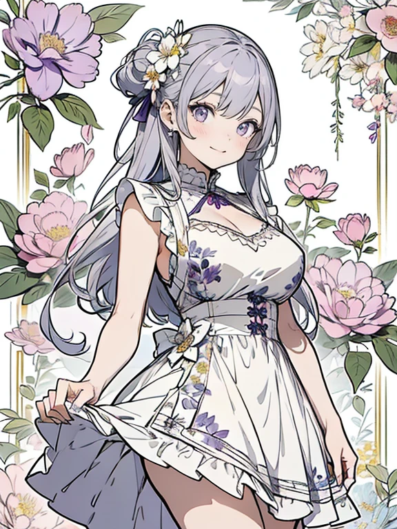 ボブの髪型の白い髪とシンプルなdressを着たアニメの女の子, Anime Drawings, Anime Goddess, purple eyes and dress, dressを着る, dress, Silver Hair, Beautiful anime artwork, Beautiful floral background, pretty girl, smile, Strong outline, most flower details, flower details, flower details,colorful,colorful,colorful,Big Breasts,Large Breasts