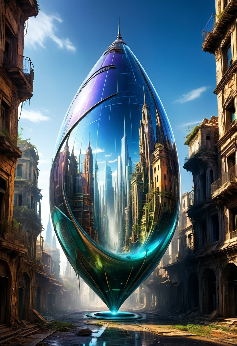 A teardrop-shaped glass full of movement, futuristic city scape, hovering in an ancient, deserted ruin, creating a juxtaposition between advanced technology and historical decay, complete with hyper-realistic details, cinematic lighting, and dynamic vibrant colors, cinematic, work of art, intrikate, HDR,