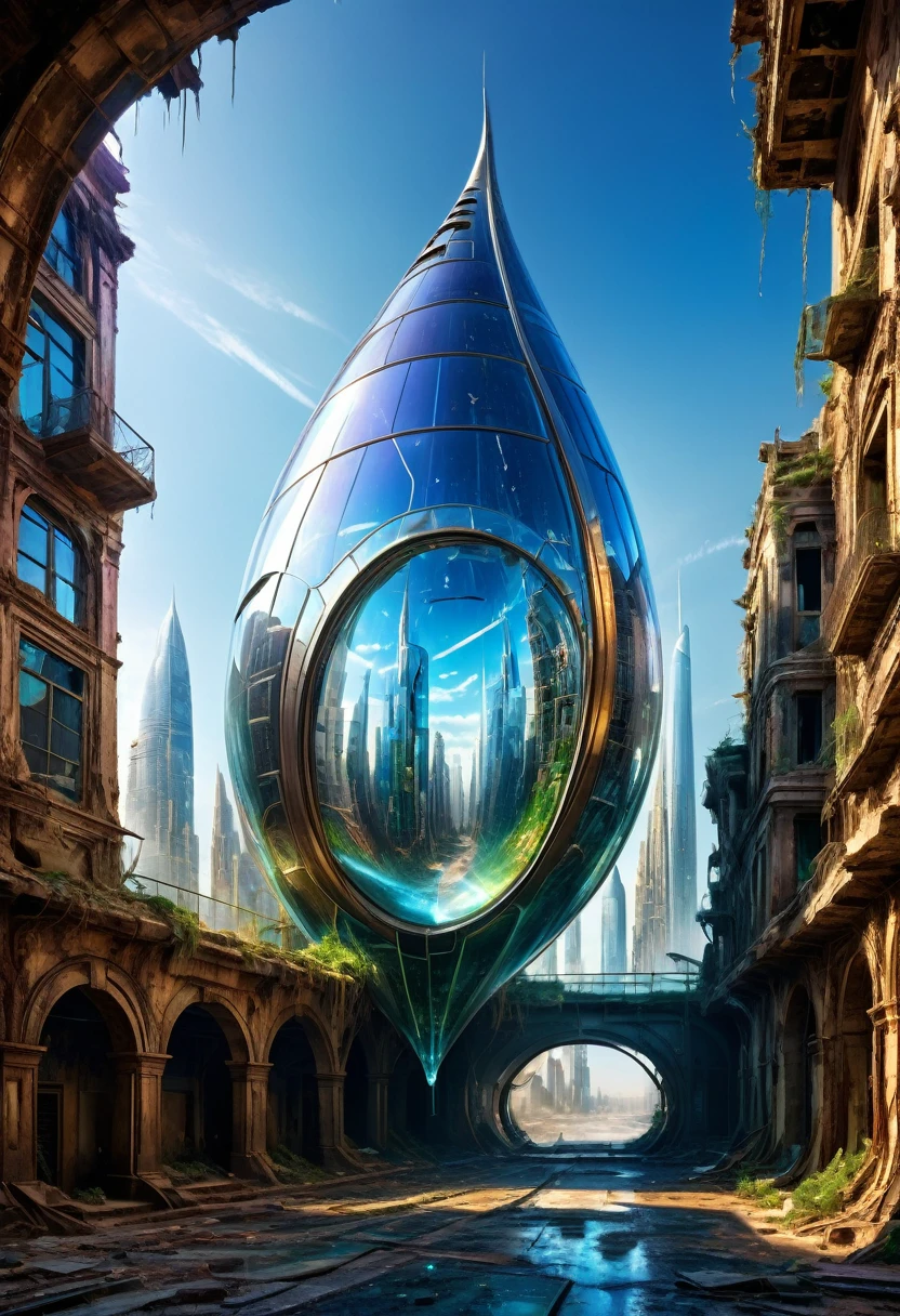 A teardrop-shaped glass full of movement, futuristic city scape, hovering in an ancient, deserted ruin, creating a juxtaposition between advanced technology and historical decay, complete with hyper-realistic details, cinematic lighting, and dynamic vibrant colors, cinematic, work of art, intrikate, HDR,