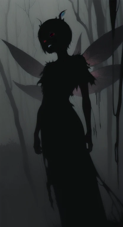 Foggy Forest, demonic silhouette, fairy shadow figure, red eyes, eyes in the fog, rotting, looking dead, torn wings, 