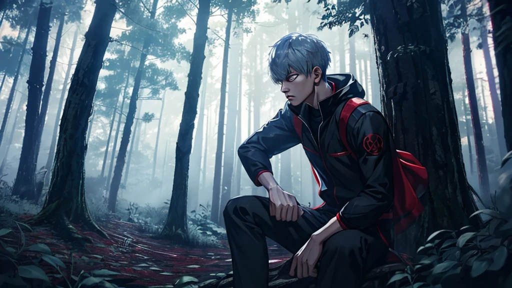 kaneki ken playing video games in the middle of the woods, volumetric lighting, lens 50mm, super quality