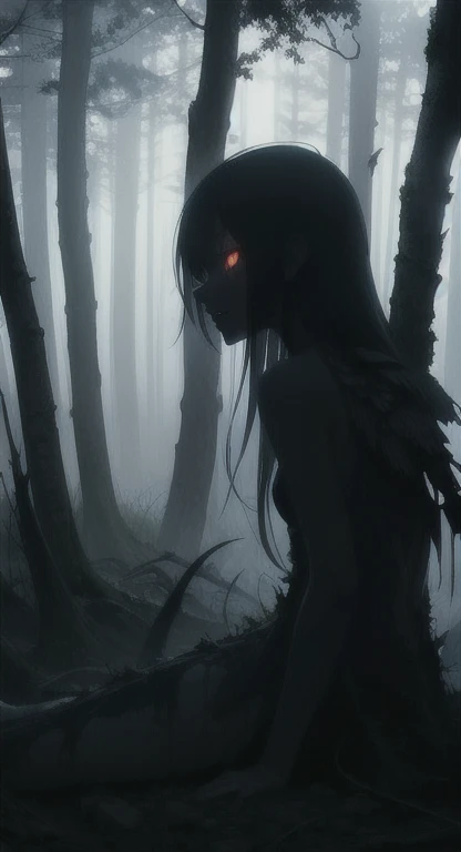 Foggy Forest, demonic silhouette, fairy shadow figure, red eyes, eyes in the fog, rotting, looking dead, torn wings,