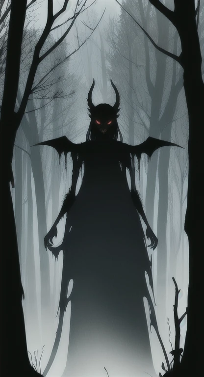 Foggy Forest, demonic silhouette, fairy shadow figure, red eyes, eyes in the fog, rotting, looking dead, torn wings, 