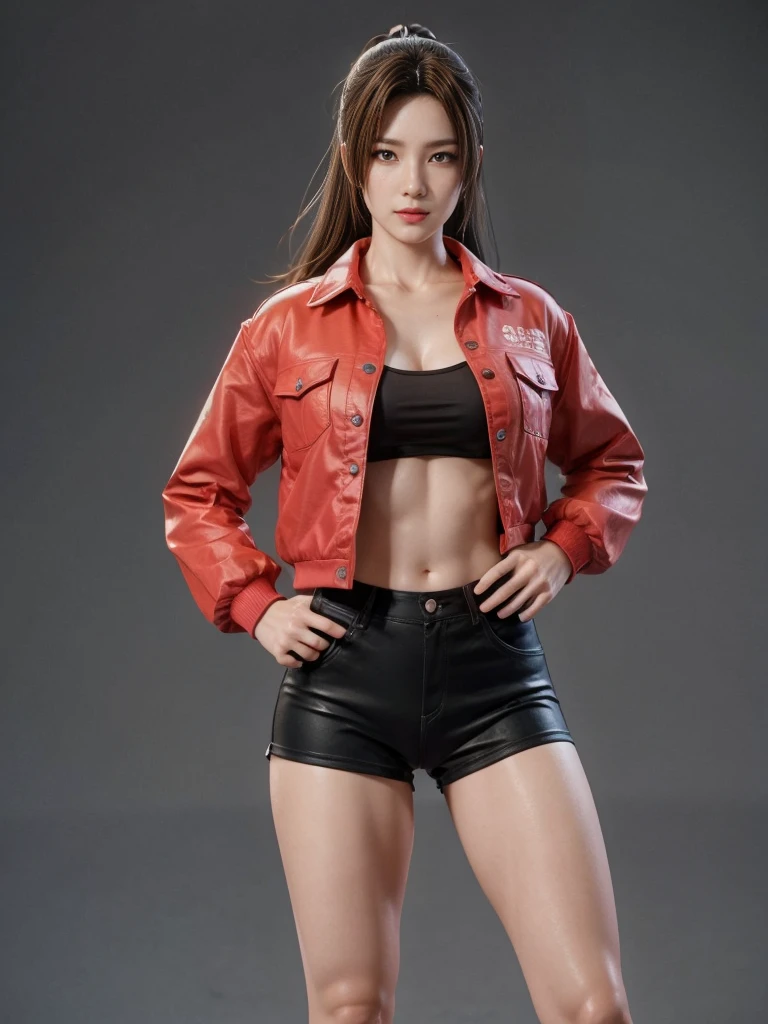Mai Shiranui, (best qualityer,ultra detali),(realisitic:1.37), beautiful and detailed face, Textura ultra-realisitic, 精致的面容, athletic body, bright coloured. High definition, 8k