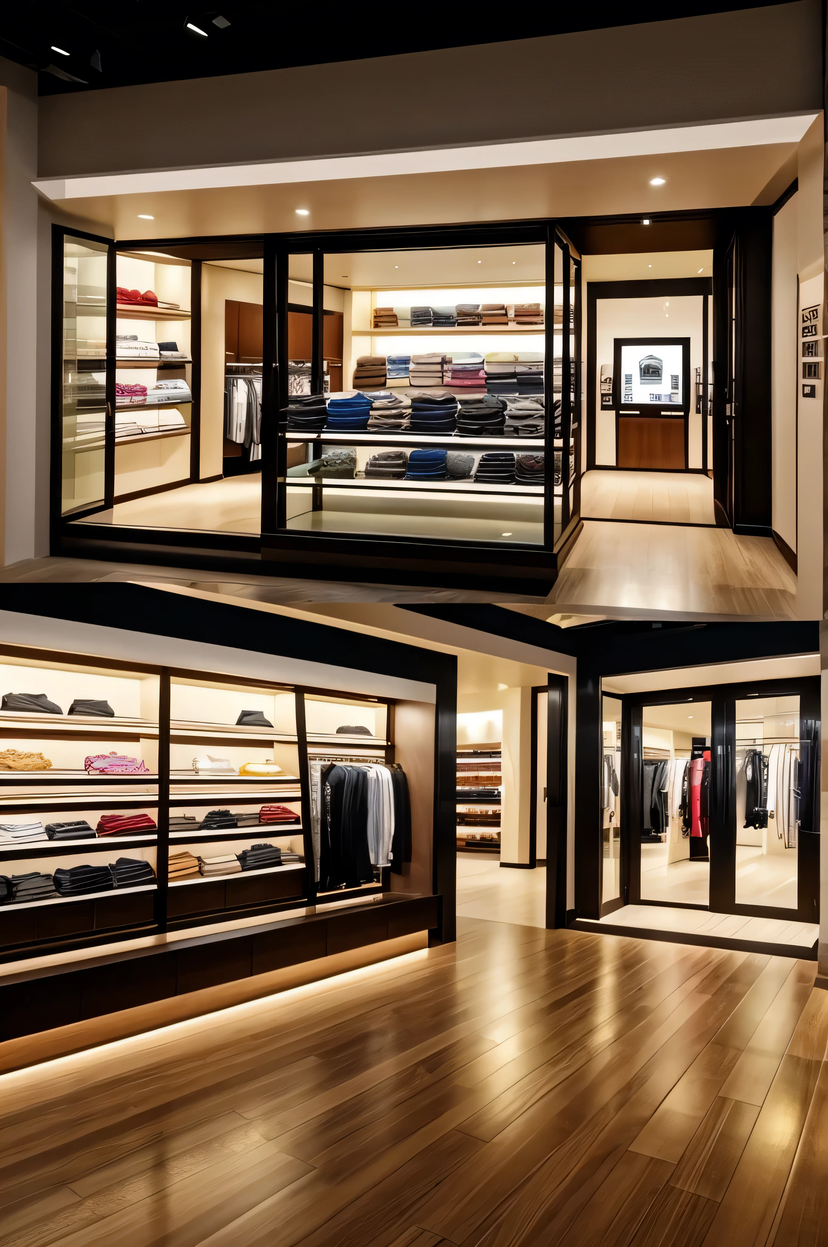 Create a clothing store for me, but a lighting system that will make the design of the store feel stylish and special, but the system should be in harmony with the closed coffee tones, gold and wood should be used, the exterior of the store should show that it is famous and luxurious, but the colors inside should be compatible, after entering the entrance, seating sets on the right and left. There should be tables, but they should be compatible with the interior. There should be specially designed and not for sale clothes in a glass stand on the right and left, 5 meters away from the seating area. There should be separate dressing rooms for men and women on the right and left. There should be MR.MEC written at the entrance and there should be no white colors in the store.