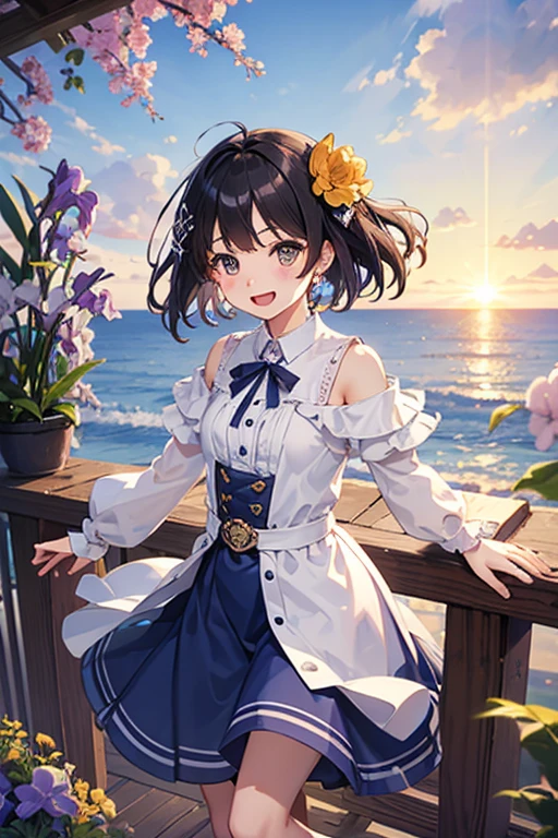 Highest quality、Black Hair、Iris、short hair、girl、cute、16 years old、、Small hair ornament、1 person、one piece、Long skirt、A happy look、Full of energy、