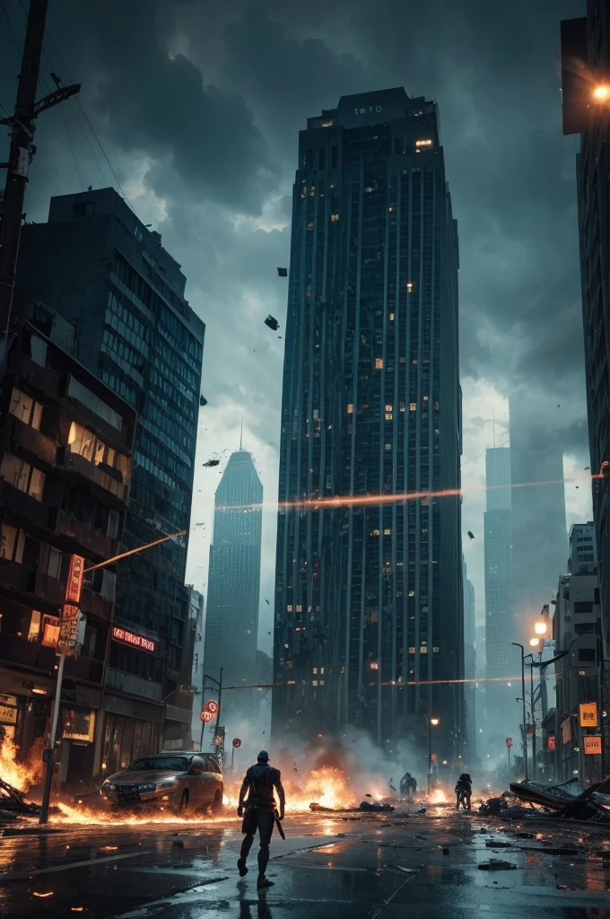 A city falling apart ((realisitic)) with a monster destroying everything