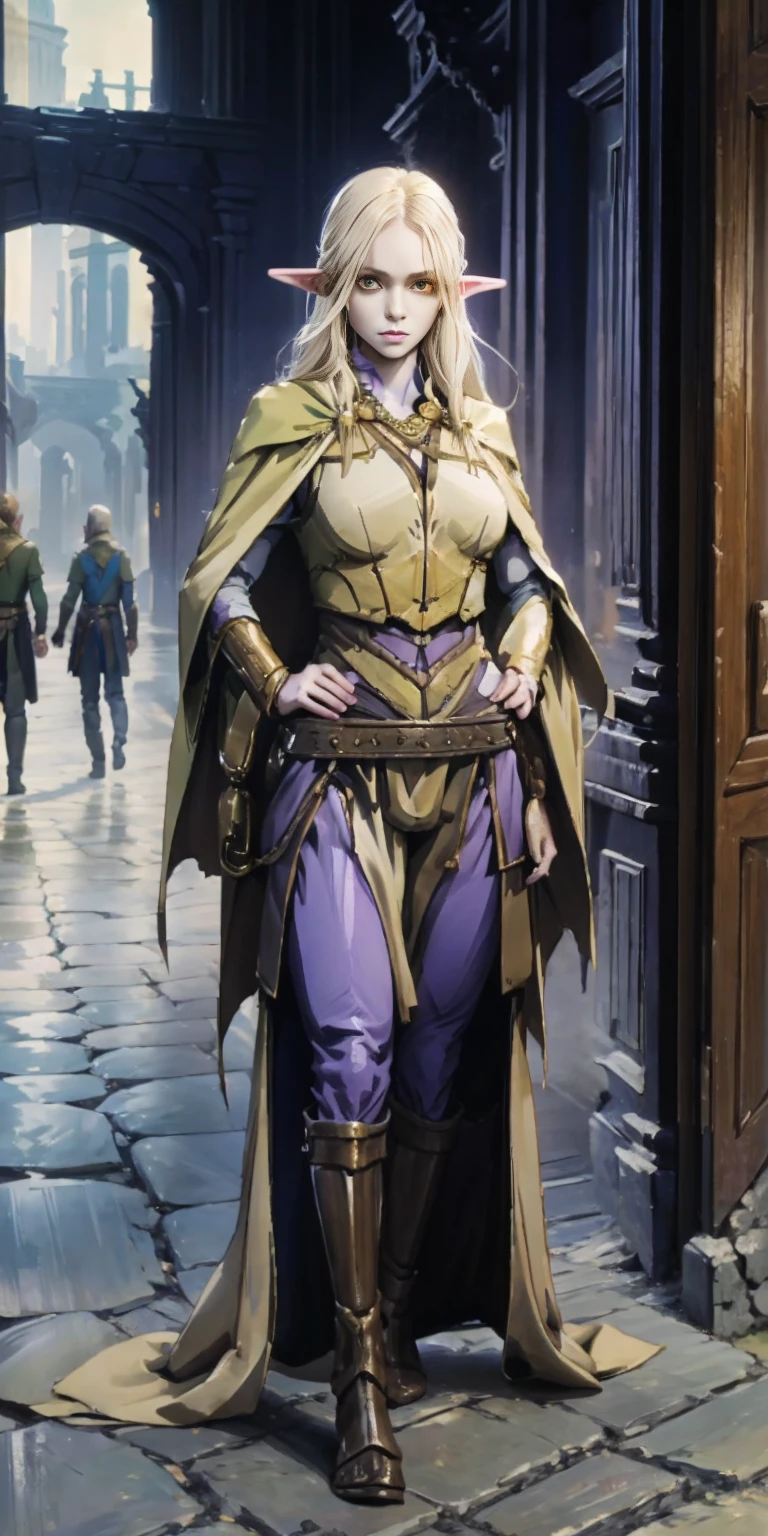 masterpiece, best quality, high quality, elf, long hair, pale hair, yellow eyes, purple skin, deep blue cape with golden ornaments (1solofemale full body standing straight symmetrical, hands on hips) slave with stocks