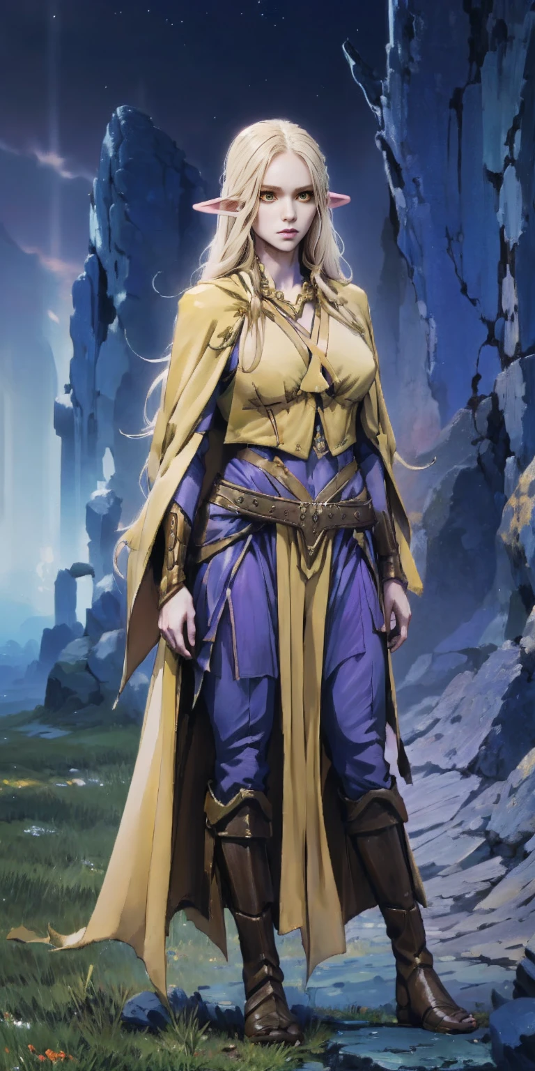 masterpiece, best quality, high quality, elf, long hair, pale hair, yellow eyes, purple skin, deep blue cape with golden ornaments (1solofemale full body standing straight symmetrical, hands on hips) slave with stocks