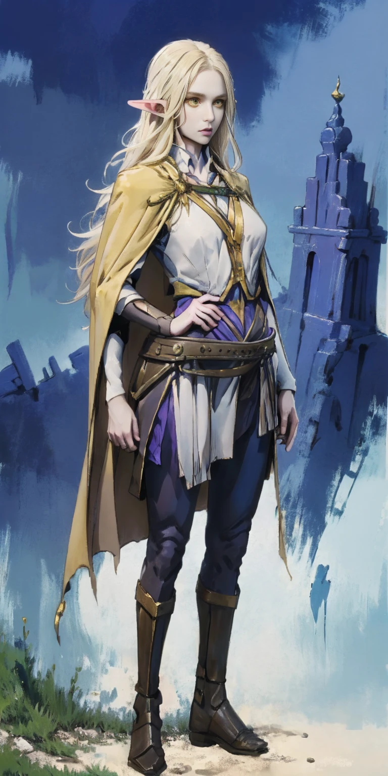 masterpiece, best quality, high quality, elf, long hair, pale hair, yellow eyes, purple skin, deep blue cape with golden ornaments (1solofemale full body standing straight symmetrical, hands on hips) slave with stocks