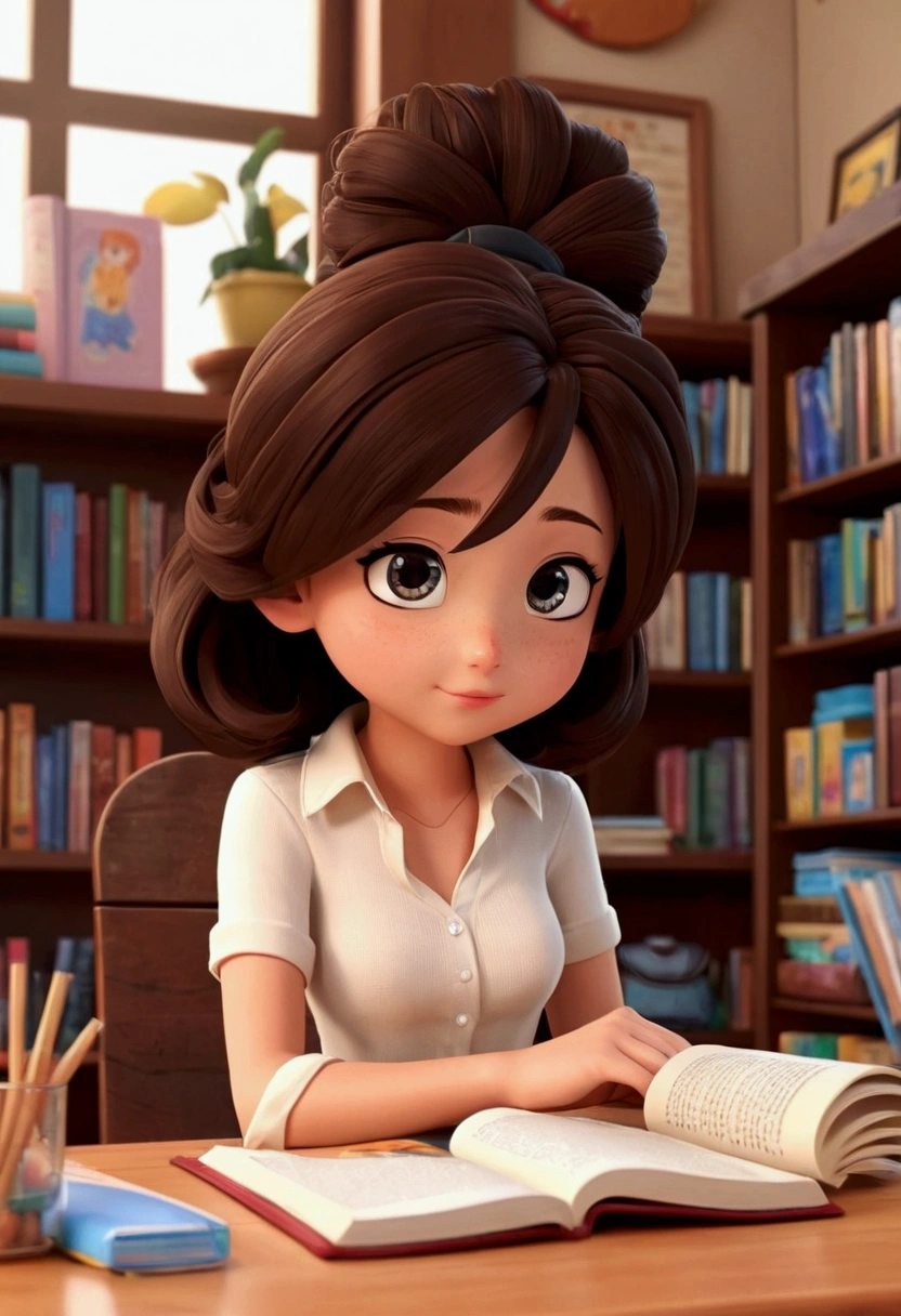 a close-up of a cartoon girl sitting at a table with a book, 3d rendering of a cute anime girl, animated film, animation character, realistic 3d anime style, in the style of Disney animation, the librarian, animation style rendering, 3D anime style, dusty library, stylized anime, 3d stylized, animation illustrative style, Detailed and cute digital art