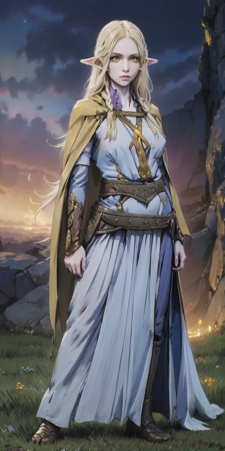 masterpiece, best quality, high quality, elf, long hair, pale hair, yellow eyes, purple skin, deep blue cape with golden ornaments (1solofemale full body standing straight symmetrical, hands on hips) slave with stocks