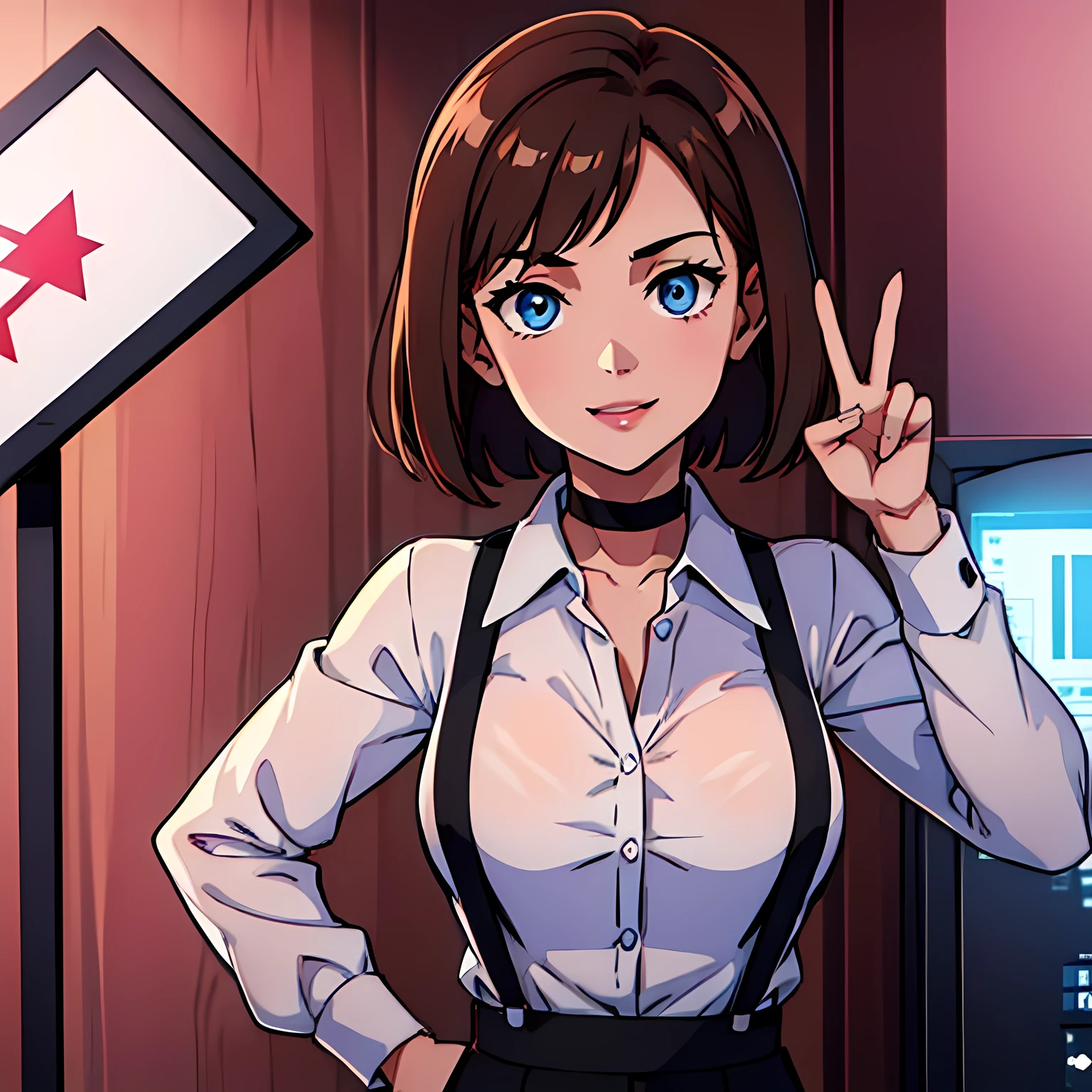 short_hair,brown_hair,straight_hair,(((1girl))),large_breasts,lips,looking_at_viewer,straight_hair,blue_eyes,collared_shirt,suspenders,white_shirt,unbuttoned_shirt,black_suspenders,black_pants,black_choker,hands_on_hips,smiling_expression,mature, (((peace, sign))), soft pink background