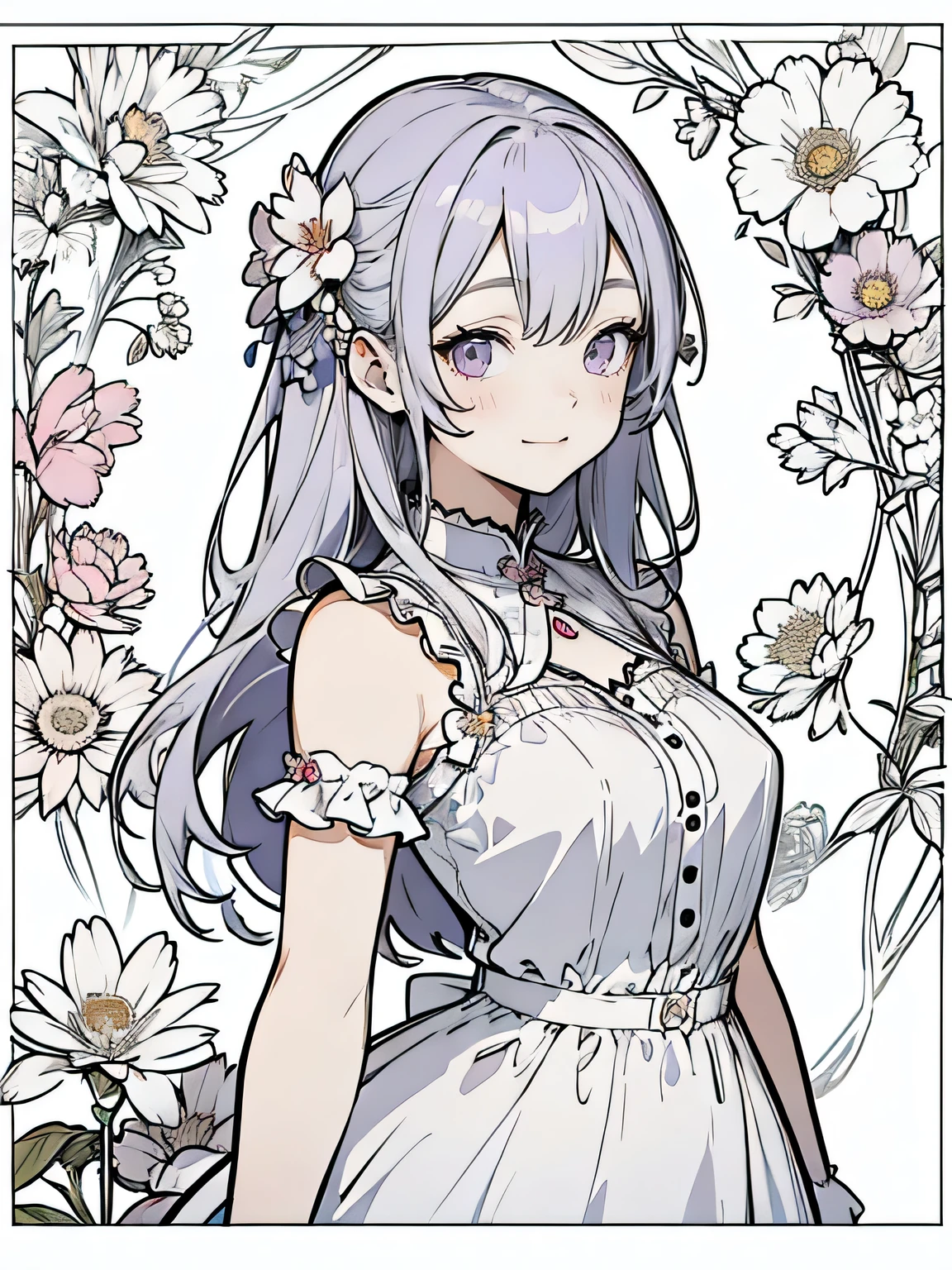 Anime girl with white hair in bob hairstyle and wearing a simple dress, Anime Drawings, Anime Goddess, purple eyes and dress, Wear a dress, dress, Silver Hair, Beautiful anime artwork, Beautiful floral background, pretty girl, smile, Strong outline, most flower details, flower details, flower details,colorful,colorful,colorful,Big Breasts,Large Breasts
