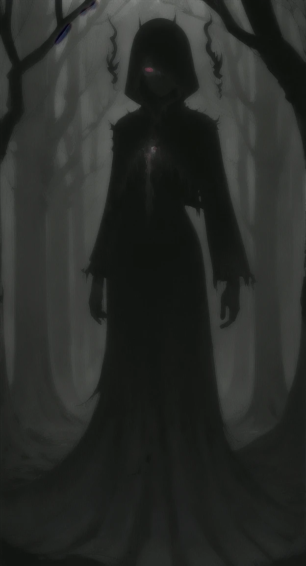 Foggy Forest, demonic silhouette, fairy shadow figure, red eyes, eyes in the fog, rotting, looking dead, torn wings,