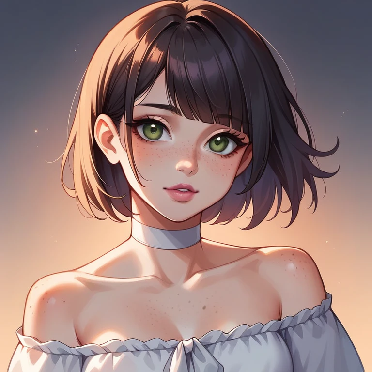 score_9,score_8_up,score_7_up,score_6_up,score_5_up,score_4_up, 14歳, straight chest 1 girl, pretty girl, russet hair, with hair loose on the shoulders, fringe hair, cute nose. lábio seducer, seducer, white choker, pink lips, freckles, greeneyes