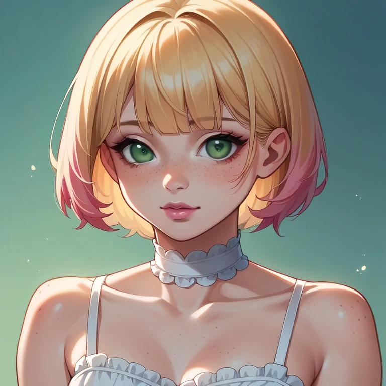 score_9,score_8_up,score_7_up,score_6_up,score_5_up,score_4_up, , straight chest 1 girl, pretty girl, russet hair, with hair loose on the shoulders, fringe hair, cute nose. lábio seducer, seducer, white choker, pink lips, freckles, greeneyes