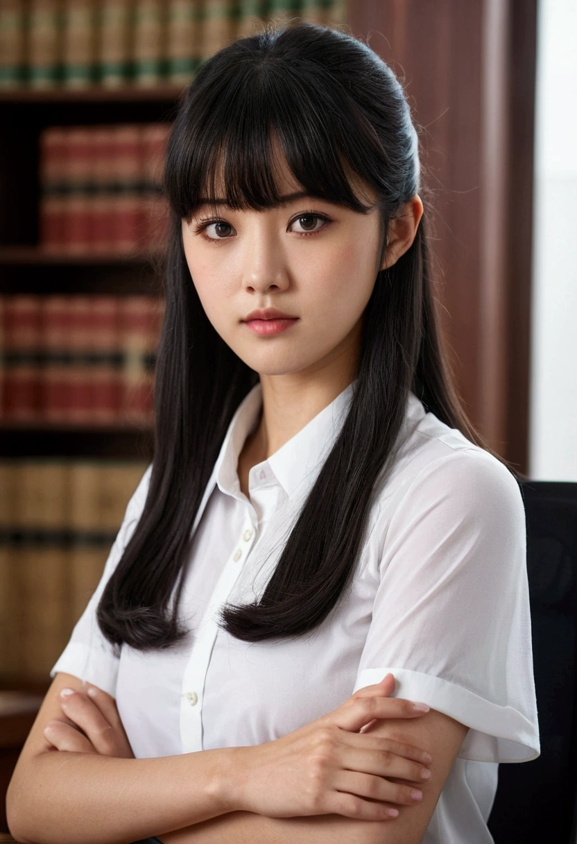 create a brunette law teacher girl, young, studious, small but pretty black eyes, black hair with korean bangs 