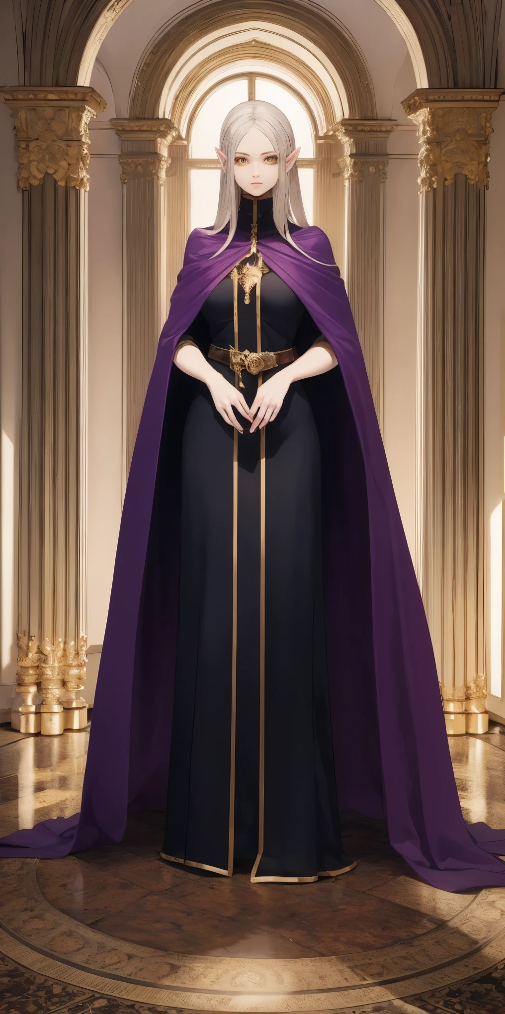 masterpiece, best quality, high quality, elf, long hair, pale hair, yellow eyes, purple skin, deep blue cape with golden ornaments (1solofemale full body standing straight symmetrical, hands on hips) slave with stocks