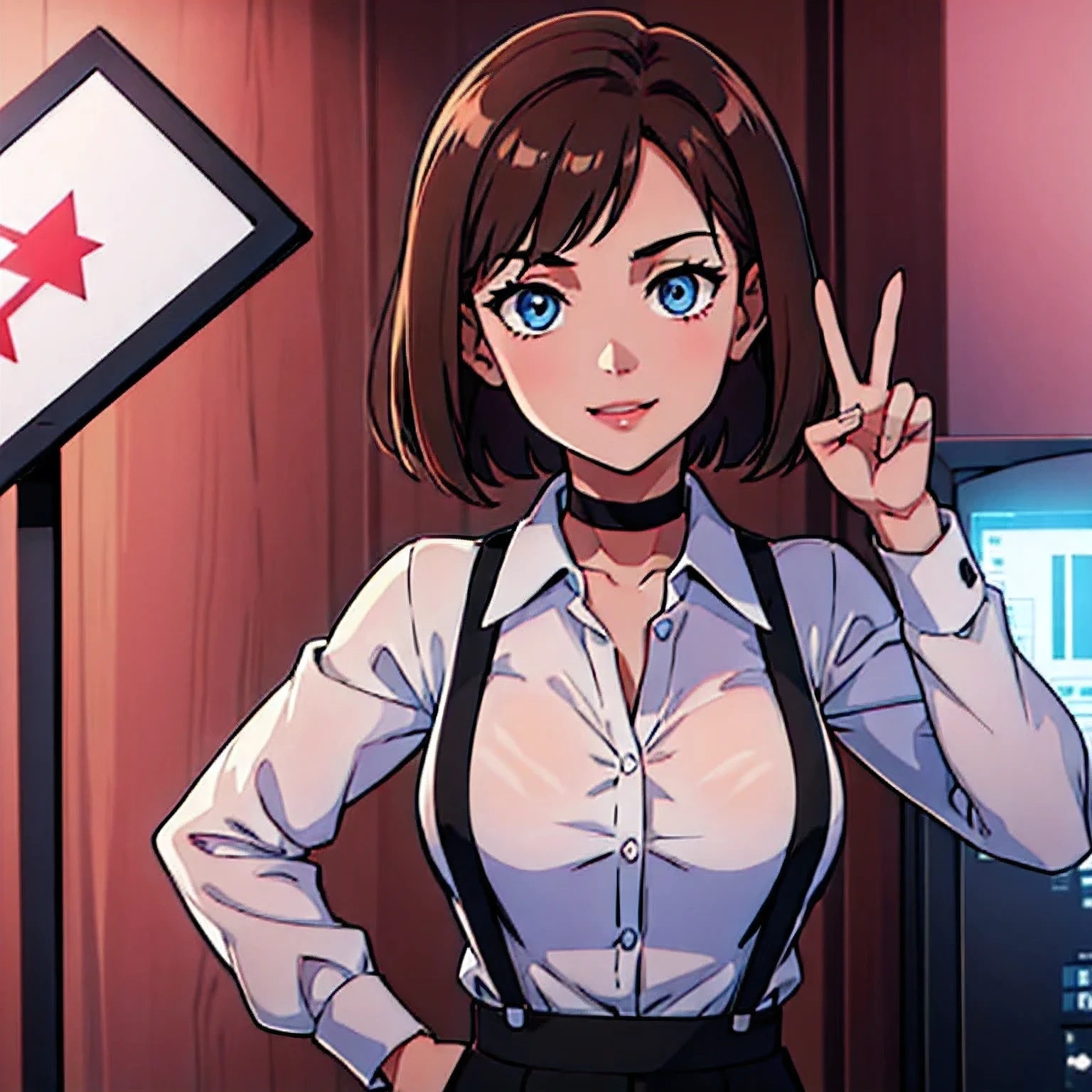 short_hair,brown_hair,straight_hair,(((1girl))),large_breasts,lips,looking_at_viewer,straight_hair,blue_eyes,collared_shirt,suspenders,white_shirt,unbuttoned_shirt,black_suspenders,black_pants,black_choker,hands_on_hips,smiling_expression,mature, (((peace, sign))), soft pink background