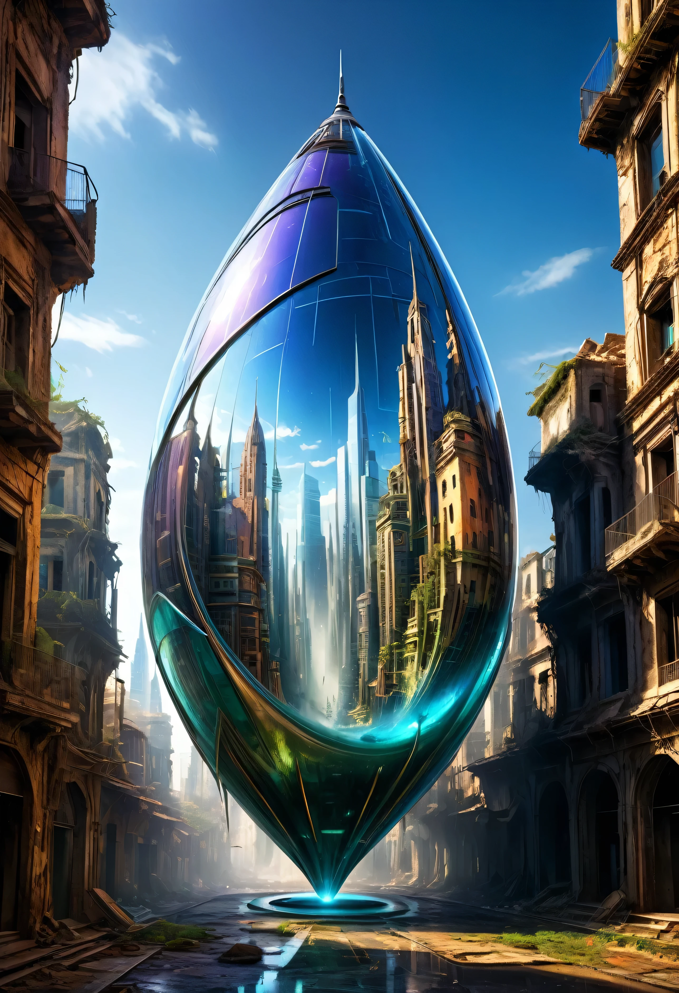 A teardrop-shaped glass full of movement, futuristic city scape, hovering in an ancient, deserted ruin, creating a juxtaposition between advanced technology and historical decay, complete with hyper-realistic details, cinematic lighting, and dynamic vibrant colors, cinematic, work of art, intrikate, HDR,