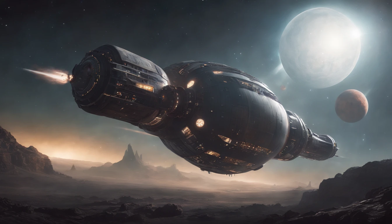 Highly detailed Gothic cosmicpunk-themed illustration of a gigantic space lab with windows, Out orbiting a Gas Giant Planet, star beams in the background, very dark, frightful, horor, weird core, unsettling, tenebrosa, frightful, suspense, grim, crap,