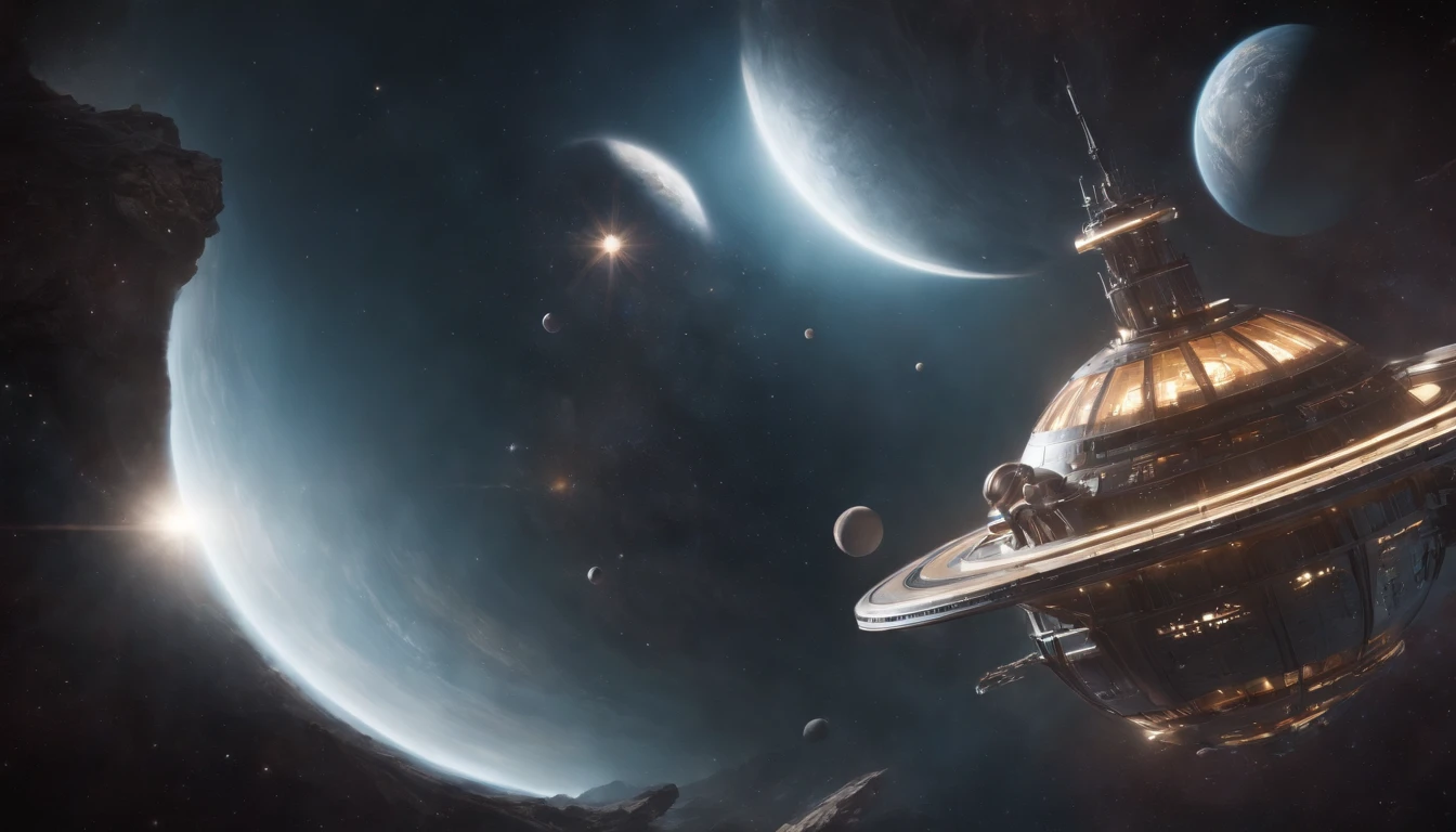 Highly detailed Gothic cosmicpunk-themed illustration of a gigantic space lab with windows, Out orbiting a Gas Giant Planet, star beams in the background, very dark, frightful, horor, weird core, unsettling, tenebrosa, frightful, suspense, grim, crap,