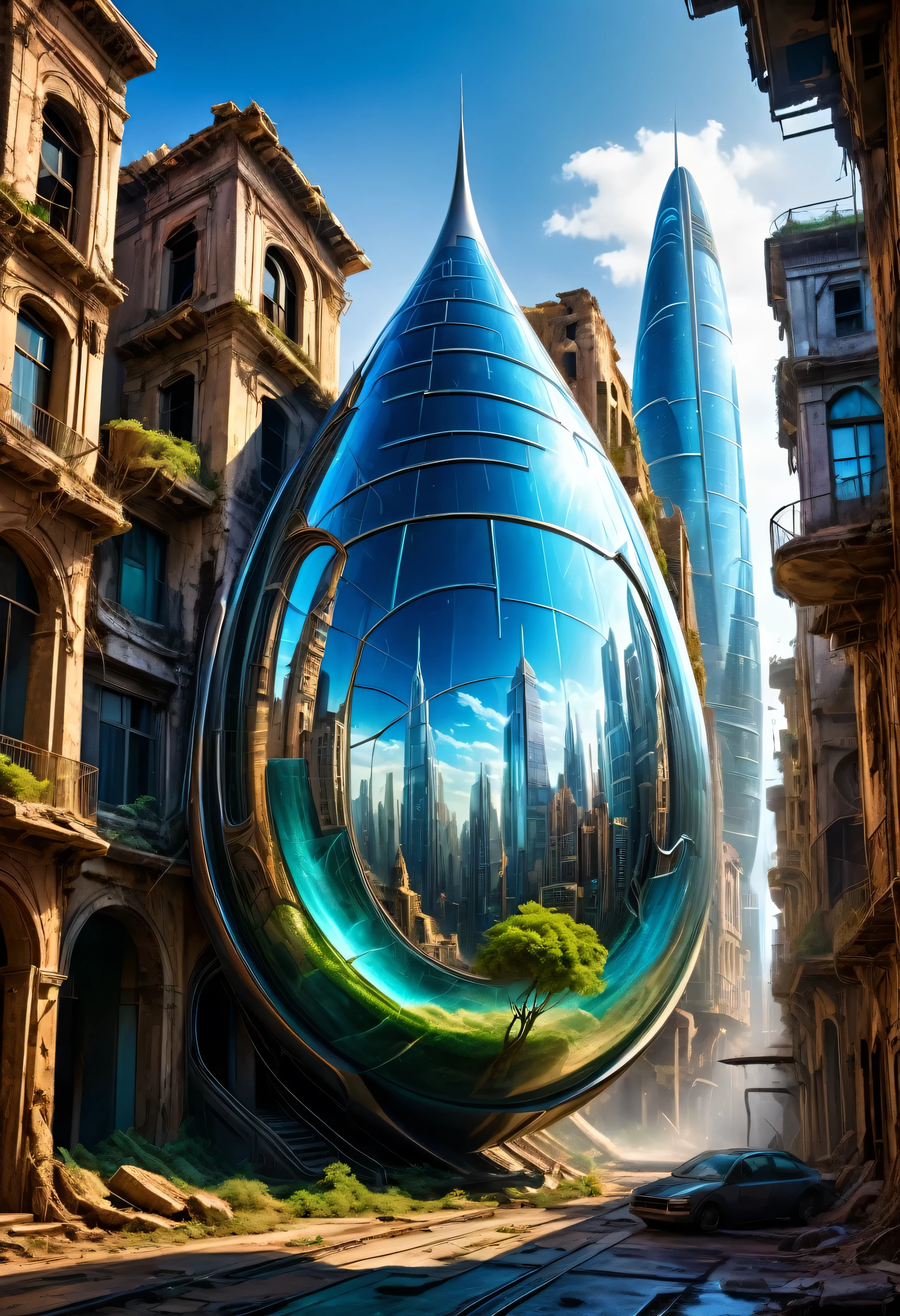 A teardrop-shaped glass full of movement, futuristic city scape, hovering in an ancient, deserted ruin, creating a juxtaposition between advanced technology and historical decay, complete with hyper-realistic details, cinematic lighting, and dynamic vibrant colors, cinematic, work of art, intrikate, HDR,