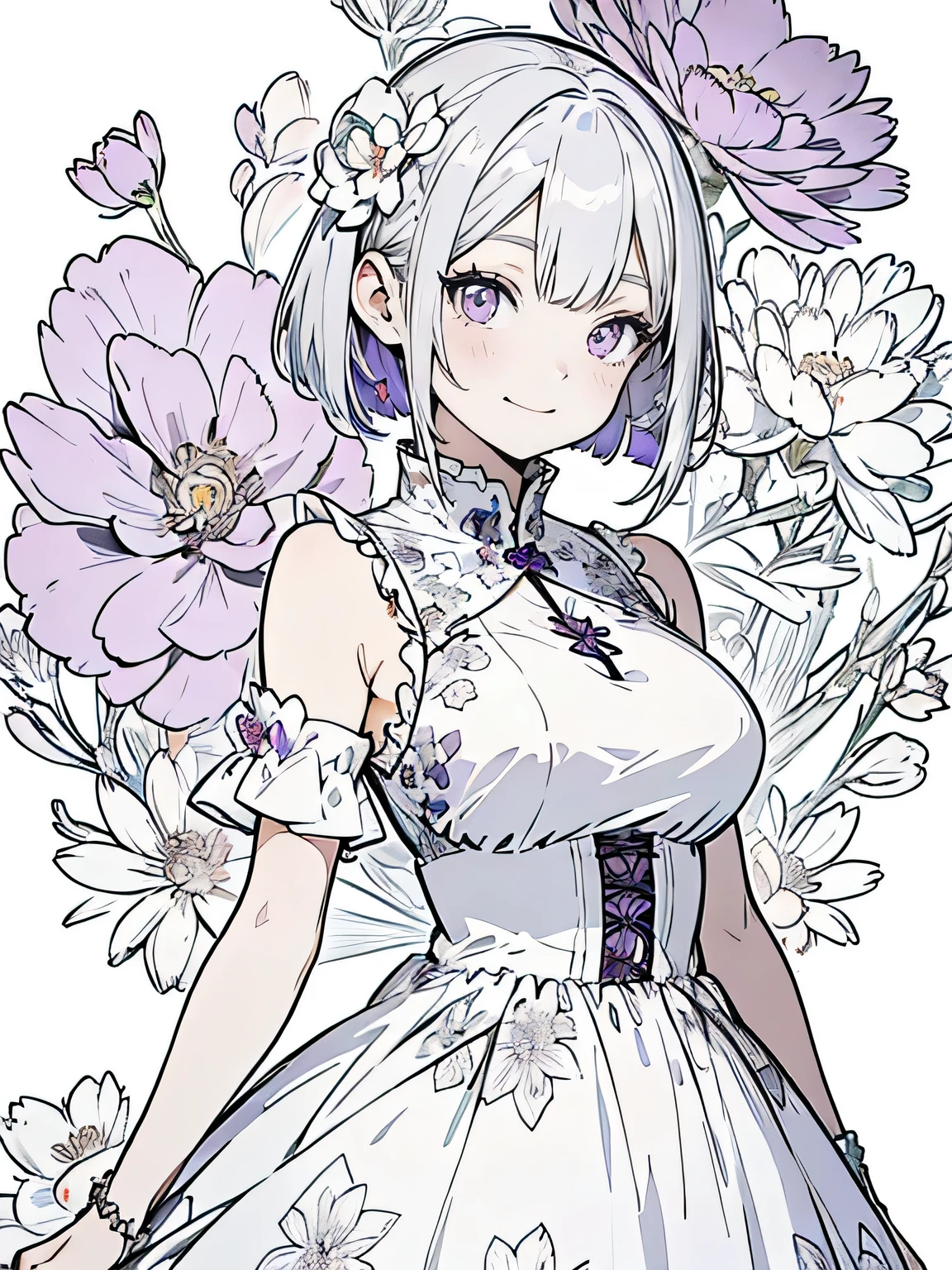 Anime girl with white hair in bob hairstyle and wearing a simple dress, Anime Drawings, Anime Goddess, purple eyes and dress, Wear a dress, dress, Silver Hair, Beautiful anime artwork, Beautiful floral background, pretty girl, smile, Strong outline, most flower details, flower details, flower details,colorful,colorful,colorful,Big Breasts,Large Breasts