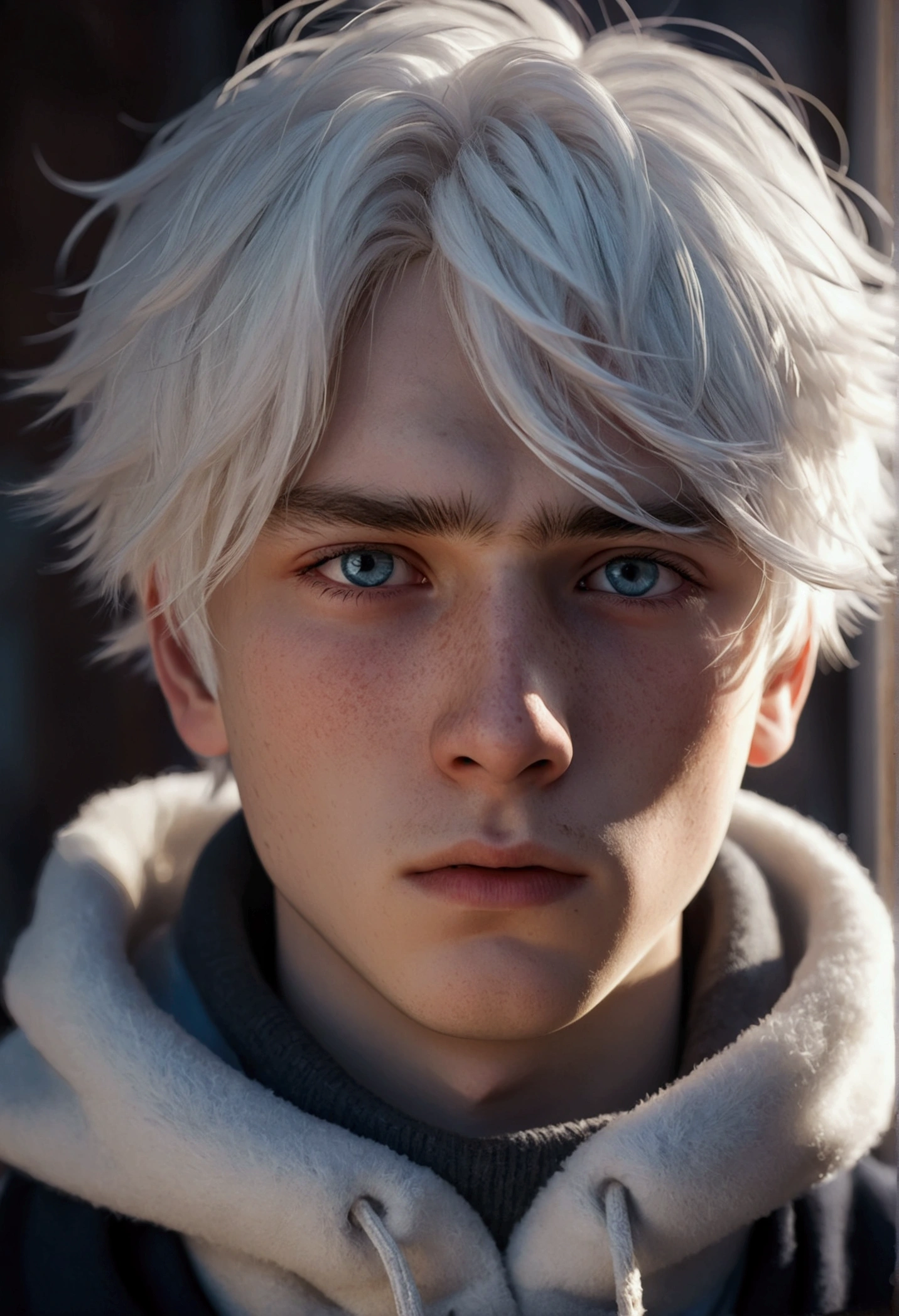 a cold, 17-year-old russian boy, white hair, freckles, cute, anime, 8k, highly detailed, photorealistic portrait, striking eyes, detailed facial features, expressive, moody lighting, dramatic shadows, cold color palette