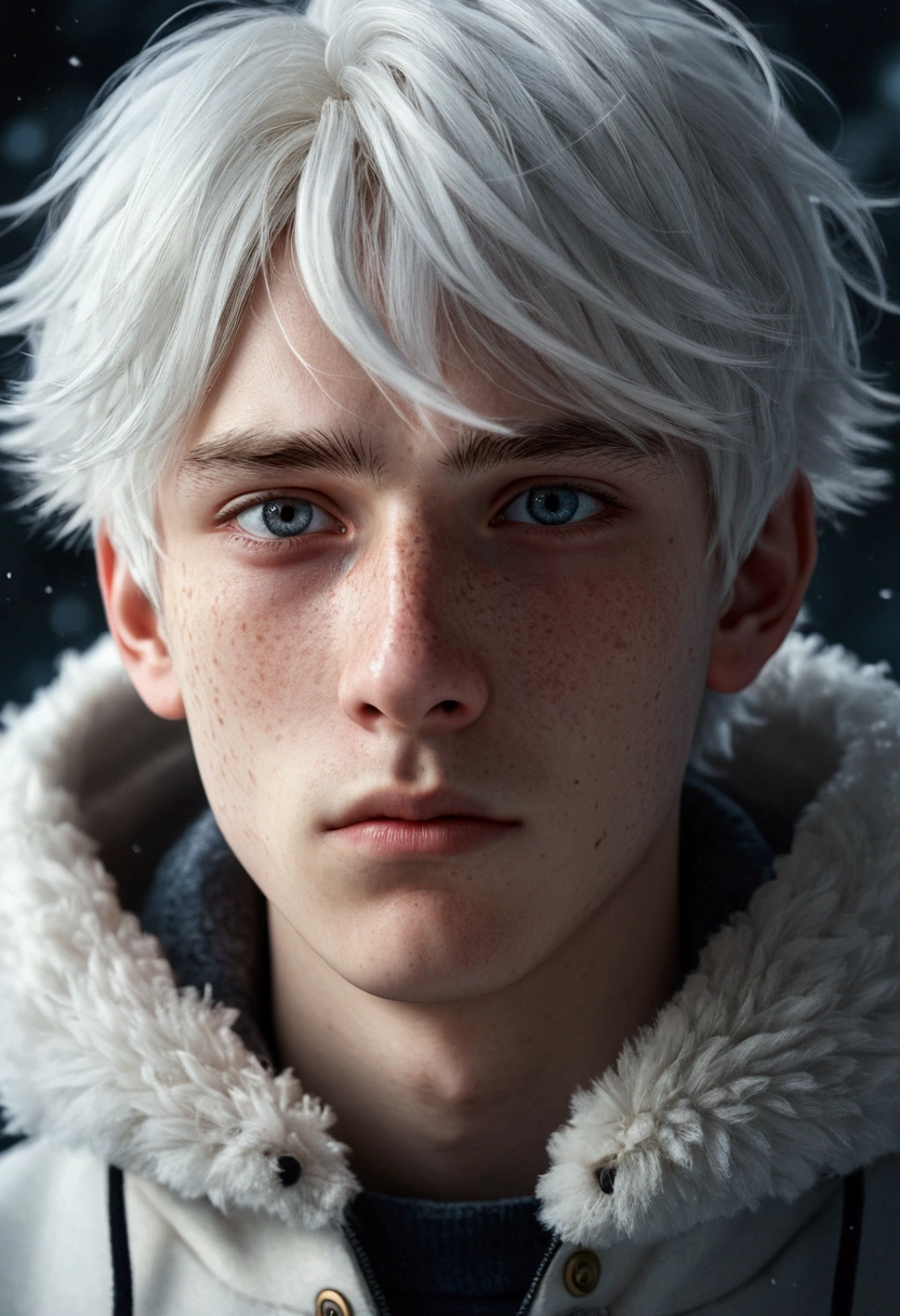 a cold, 17-year-old russian boy, white hair, freckles, cute, anime, 8k, highly detailed, photorealistic portrait, striking eyes, detailed facial features, expressive, moody lighting, dramatic shadows, cold color palette