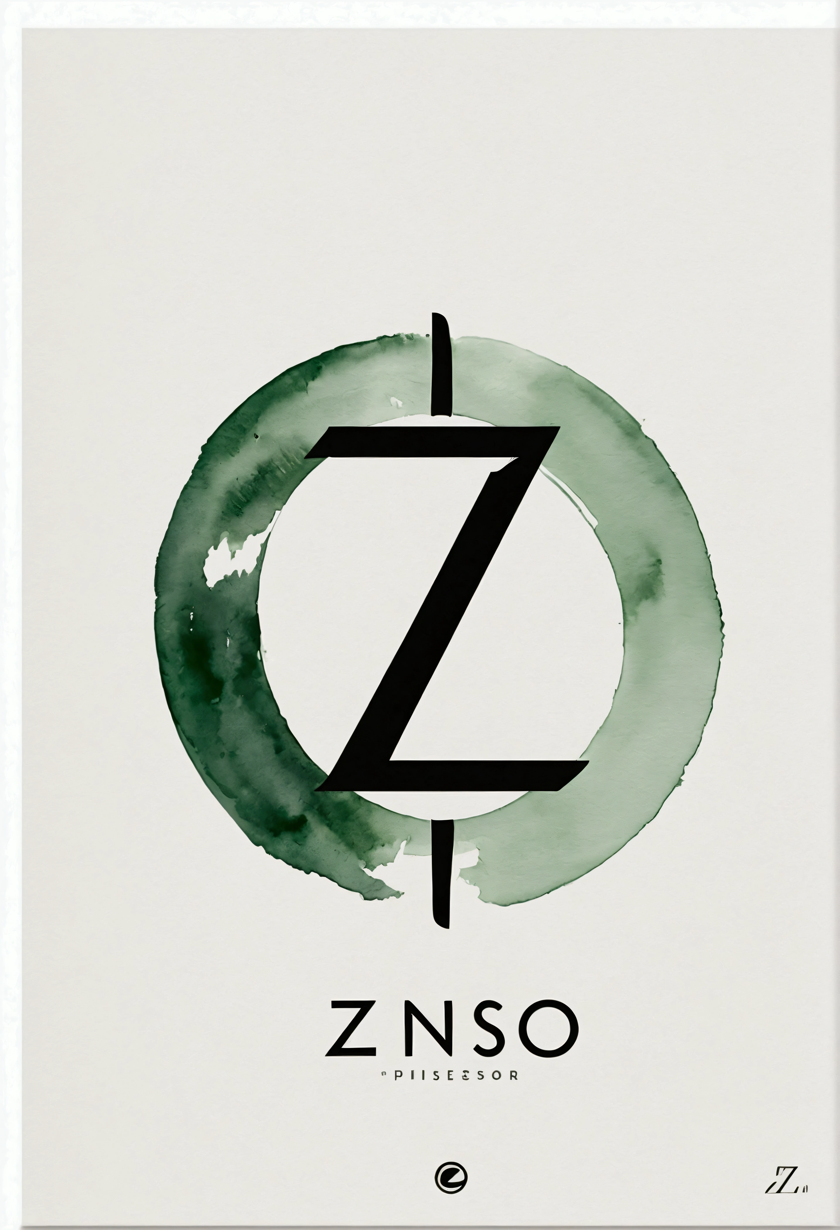 A minimalist zen circle (enso) with a small vault door or lock symbol inside the circle. The text 'Z' is written next to the circle in a clean, elegant font. The color scheme is black and white with a touch of soft green