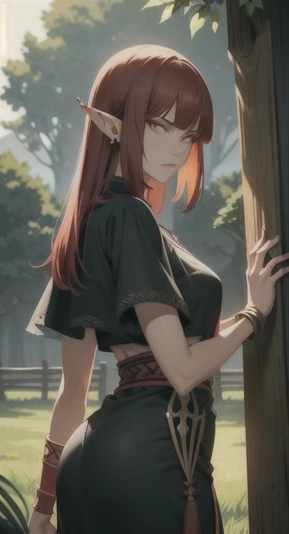 Extremely realistic shading, masterpiece, extremely detailed, photorealistic, red hair, Yellow eyes, Tan skin, Supreme arcane, Hylia, Sheikah everywhere, Hylia covered in tribal garb, Yggdrasil tribe, glaring at a viewer confused, pointed ears, tree Hut in background,