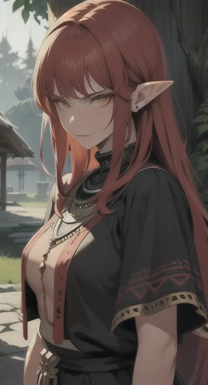 Extremely realistic shading, masterpiece, extremely detailed, photorealistic, red hair, Yellow eyes, Tan skin, Supreme arcane, Hylia, Sheikah everywhere, Hylia covered in tribal garb, Yggdrasil tribe, glaring at a viewer confused, pointed ears, tree Hut in background,