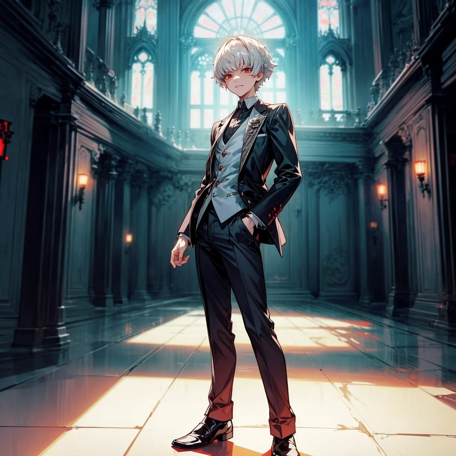 Solo, ??? vampire, ??? boy, Full body version, light red eyes, wavy haircut, white color hair, suit style outfit, Grassroots, full background indoor room Castle, motion blur, lighting, (Tokyo Ghoul style art), standing gesture 