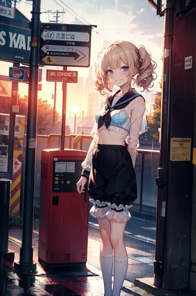 (masterpiece), 4K,woman,Long sleeve sailor suit,Tied up hairstyle,Small breasts,Small Ass,Curly Twin Tails,Light bulb lighting,Realistic, skinny, Grin,See-through bra,((,Knee-length bloomers)),standing at the bus stop,rain,