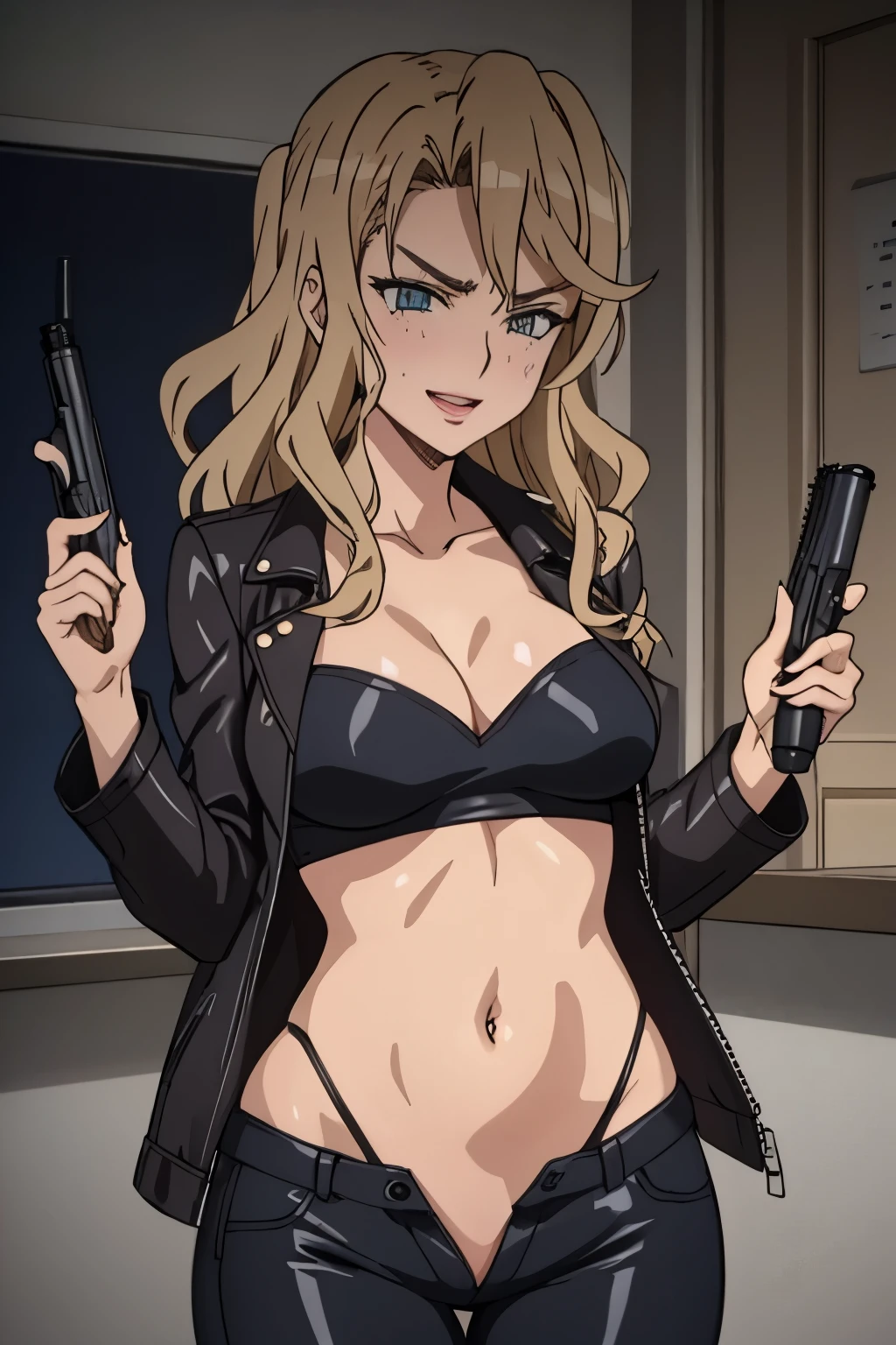siren_triagex, solo, 1girl, blonde_hair, long_hair, wavy_hair, blush, lipstick, Hot girl, baddie, staring, glaring, bad attitude, mean girl, dare, angry, hate, crazy, smoking, sensual, attractive, blush, lipstick, bar background, inside bar, indoor, masterpiece, best quality, highly detailed, a girls with a gun, evil smile , open mouth, sexy gaze, badass
pose , evil smile, smile, (nsfw) not safe for work, guns blazing, anime girl with long hair, beautiful long
haired girl, navel, evil expression, exposed belly, exposed navel, exposed midriff, exposed lower belly,
long black pants, crop top, cleavage, unbuttoned leather pants ,open fly, low rise black leather pants,
leather jacket, holding a gun, holding pistol, navel piercing