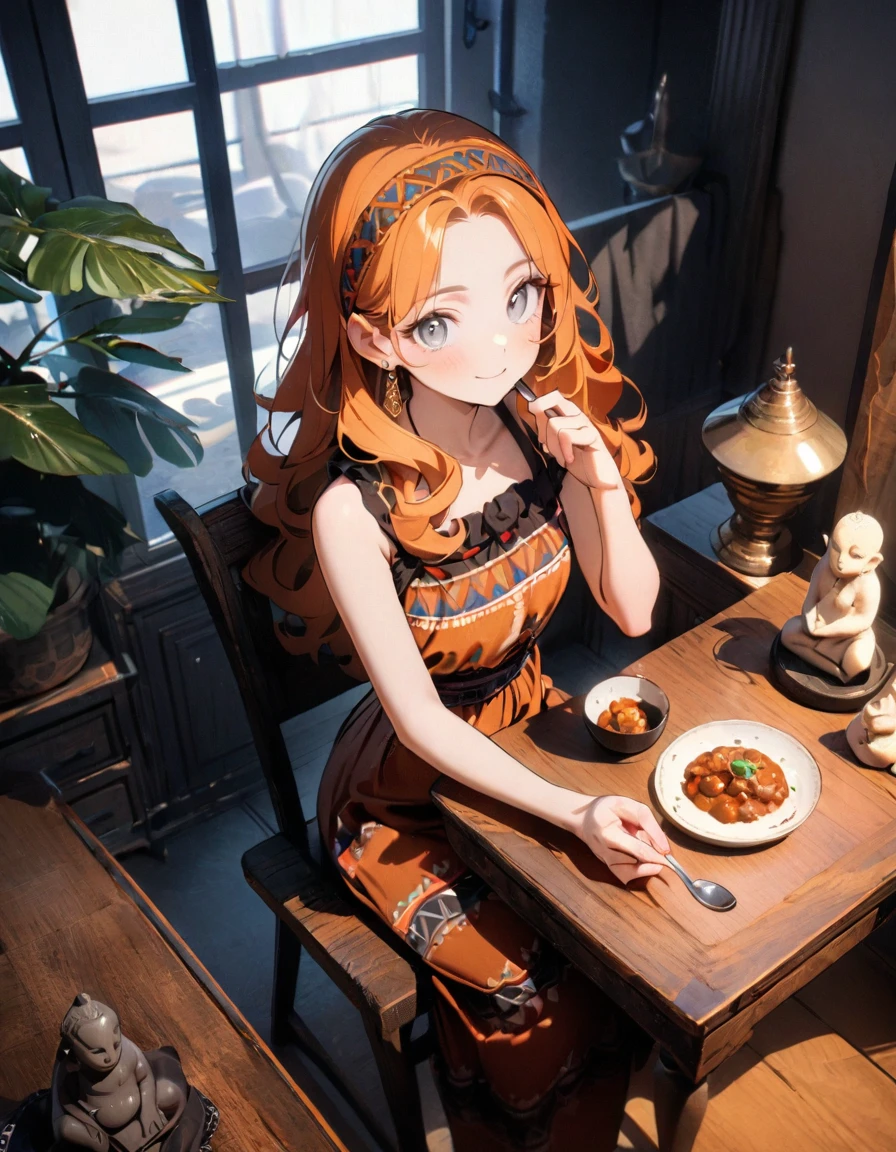 (8K, best quality, master piece: 1.2),super high resolution,1 girl,solo,,ultra-detailed face,detailed eyes,Grey eyes,curly hair,long hair,orange hair,lash extension,big breasts,bohemian pattern no sleeve maxi dress,bohemian pattern band,anasitting on chair,bohemian earrings,perfect fingers,smile,holding spoon,sitting on chair,plate on curry rice,Ganesha figurine on the windowsill,From above,Studio Light,indoors bohemian living room