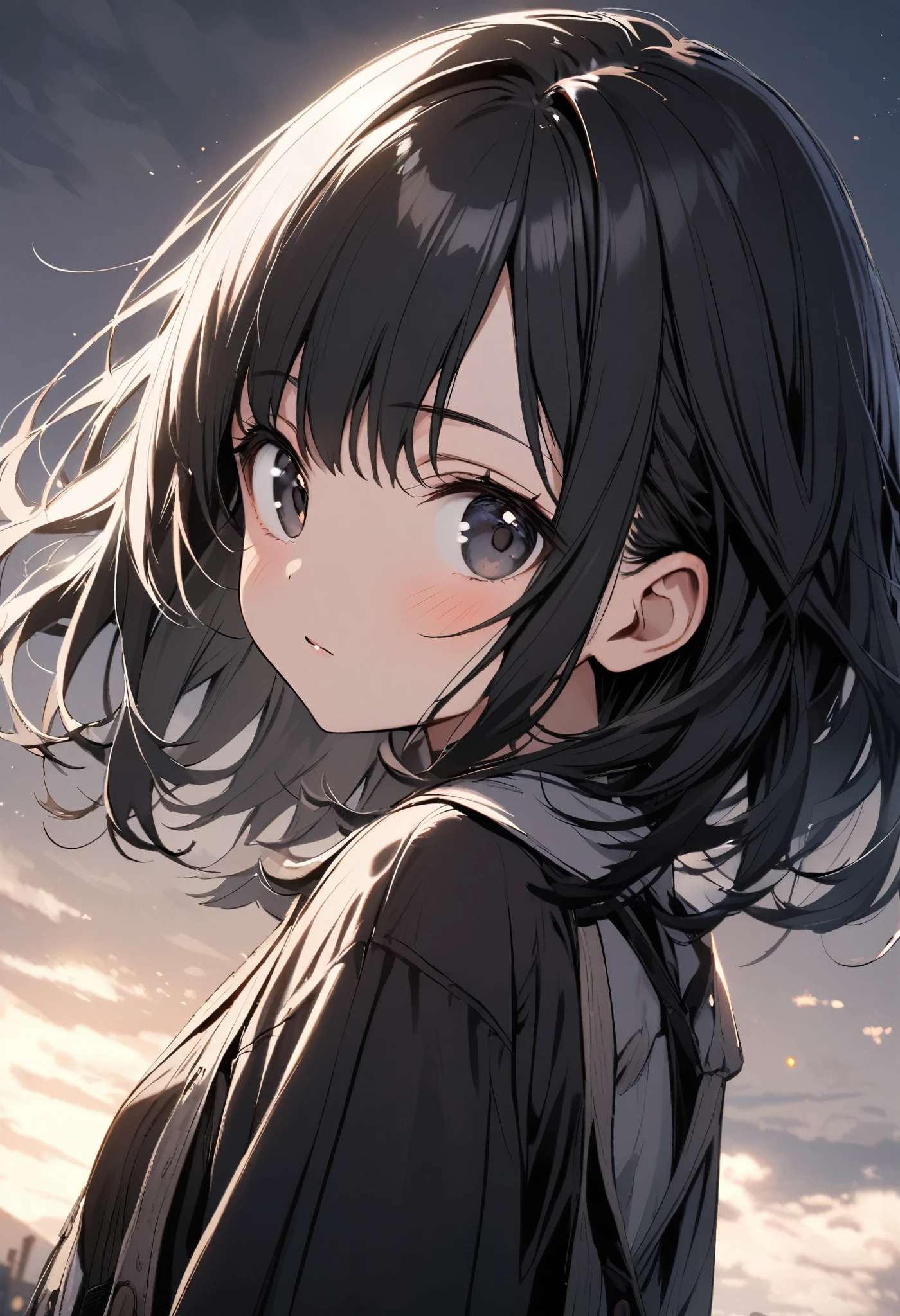 small girl, beautiful, medium hair, black eyes, black hair,