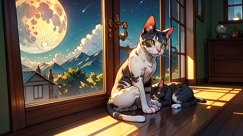 siamese house cat sitting in the window with the moon