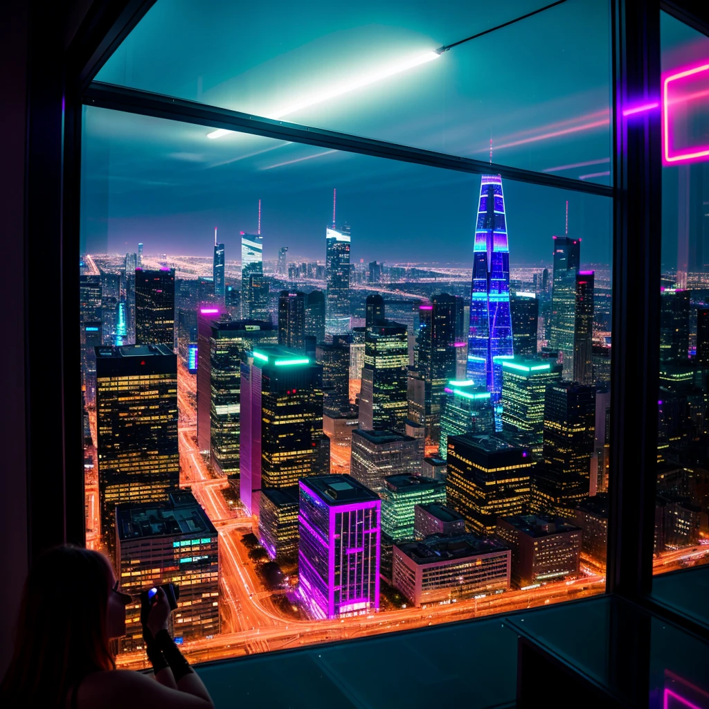 Naked Woman, long redhead hair, In a vibrant night with a cyberpunk aesthetic, a woman is standing in front of a window, watching the city below. Neon lights in shades of purple, blue and green illuminate the urban landscape, reflecting off the glass and casting a soft glow over your face. Her long hair falls elegantly over her shoulders, while your eyes take in the view with a mix of fascination and introspection.
The city is alive with activity, Advertising holograms float in the air, Drones hum gently above and autonomous vehicles glide through the streets below. Futuristic skyscrapers covered in bright signs dominate the skyline, creating a light show that dances on the metal and glass surfaces of the buildings.
inside the room, The city's neon lighting creates a play of shadows and lights, highlighting the woman's contours and adding an enigmatic touch to the scene. His posture is calm and contemplative, contrasting with the pulsating, chaotic energy of the futuristic metropolis outside. The combination of its serene presence and nocturnal cyberpunk look creates a captivating image full of mystery..