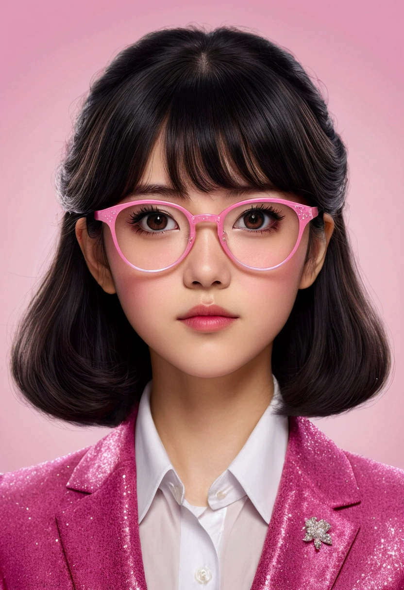 create a brunette law teacher girl, young, studious, small but pretty black eyes, pink glitter glasses, black hair with korean bangs, pink but formal suit, like a disney drawing very attached to being a drawing