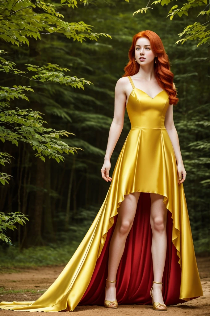 A red-haired princess with pale skin with reddish tones on her cheeks and pink lips with slanted eyes and a sharp chin, Body of an athlete and tall, her legs are long. She wears a beautiful golden yellow royal dress with green touches at the end with small leaves.