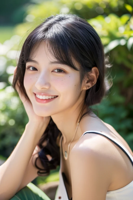 Highest quality,8k, Detailed facial depiction, Detailed description of the eyes, Black Hair(wavy shoulder-length hair),Beautiful Japanese Woman, 21 years old, The body is slim, Medium breast size, whole body,Beautiful legs, smile、 necklace, ((Mole around the mouth)),Underarm,Summer clothing、garden