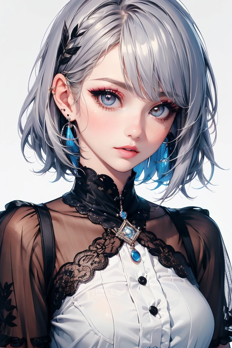 (highest quality, masterpiece), One girl, beautiful girl, Brown_eye, ((hair color [Silver hair], [Pixie cut with front hair] hair)), Earrings, lips, Short sleeve,Realistic, Tight waist, Charm, Colorful Makeup, Long eyelashes, Fair skin, (cute), (Detailed face), Detailed eye, Detailed iris, 