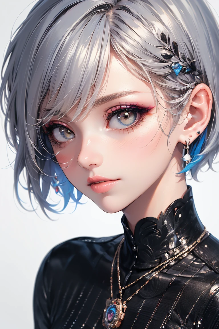 (highest quality, masterpiece), One girl, beautiful girl, Brown_eye, ((hair color [Silver hair], [Pixie cut with front hair] hair)), Earrings, lips, Short sleeve,Realistic, Tight waist, Charm, Colorful Makeup, Long eyelashes, Fair skin, (cute), (Detailed face), Detailed eye, Detailed iris, 