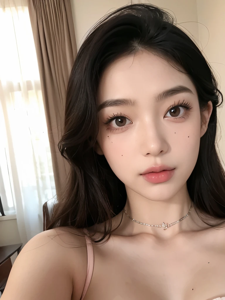 Kim Jennie with black hair, with curlers at the ends, brown eyes, pretty eyes, crying eyes, pretty, upturned nose, watery nose, pretty lips, pink lips, heart and cupid shaped lip, beautiful skin, pale white skin, with moles and freckles all over his face, soft pink blush on cheeks, soft pink makeup, Nice neck, marked collar, tender look, with a kiss necklace, while wearing a medieval corset, corset blanco medieval, bonito corset, while having a slim and beautiful abdomen, while wearing red underwear, tiny red underwear with white medieval corset, sexy (big breasts, soft breasts, beautiful breasts), selfie, photo taken by someone, with pretty poses, photo taken from different angles, looking to the camera